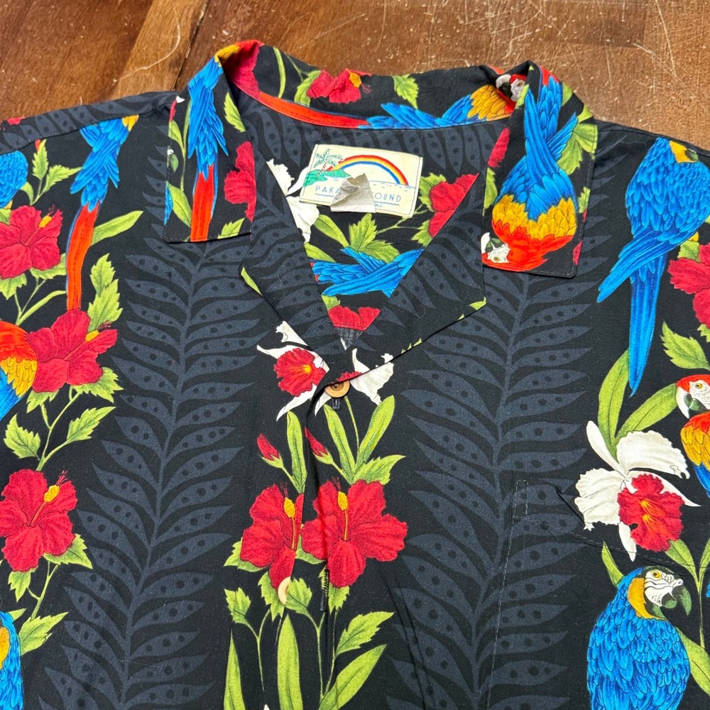 Paradise Found Hawaiian Shirt Mens XL Black Parrot Hibiscus Rayon Camp Collar